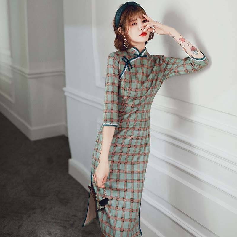 チャイナドレス チェック柄チャイナドレス チャイナ風ワンピース チャイナ風服 中華服 二次会 女子会 同窓会 スタンドネック 七分袖 大きいサイズ S M L Ll 3l 4l グリーン 緑 Dresszone