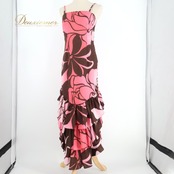 フラダンス 衣装 CC Fashions CCファッション ワンピース ドレス ピンク系 ブラウン系 ハワイ製 フリル スリット キャミソールドレス かわいい 華やか 鮮やか 明るい 茶 ハワイアン アロハ ハワイアンプリント フラ ダンス レッスン 練習