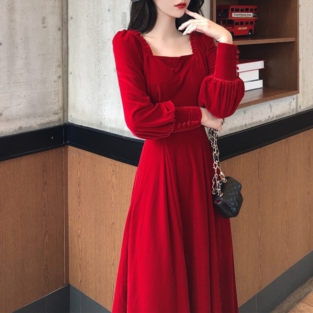 ワンピース レディース ドレス ロング マキシ 袖付きワンピース パーティードレス ロングドレス マキシワンピース レトロ クラシカル スクエアネック 秋 冬 秋冬 春 ブラック 黒 ボルドー ワインレッド ベロア ロングワンピース C Oaw1043 Lluvia