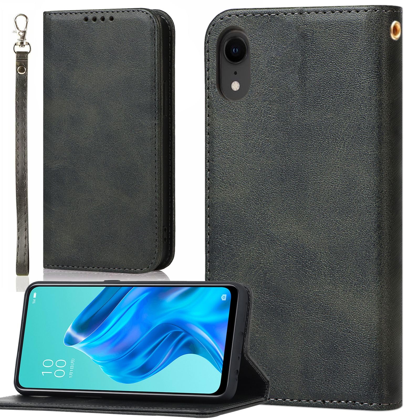 適用 iPhone XR ケース 手帳型 ストラップ アイホン XR 手帳型ケース iPhoneXRカバー 手帳 アイフォンXR スマホケース Case 【BonwFzin】 PU レザー ストラップケース ストラップホール付き マグネット フリップ スタンド レトロ ブラック