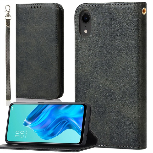 適用 iPhone XR ケース 手帳型 ストラップ アイホン XR 手帳型ケース iPhoneXRカバー 手帳 アイフォンXR スマホケース Case 【BonwFzin】 PU レザー ストラップケース ストラップホール付き マグネット フリップ スタンド レトロ ブラック