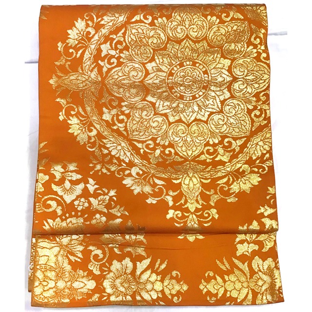 袋帯・正絹・花唐草・金・オレンジ系地・No.200701-2001・梱包サイズ60