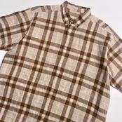 PAPAS パパス リネン100% チェック柄 BD 半袖シャツ L/ブラウン