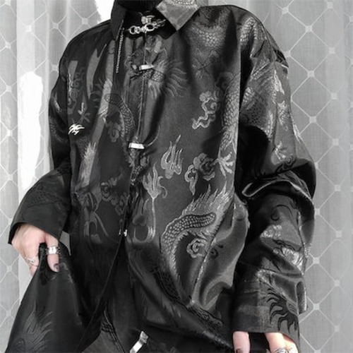 チャイナ風！！オフィスシフォンシャツレディース長袖ルーズ シャツ レディース 柄シャツ メンズ 長袖 龍紋 黒/白 ゆったり 男女兼用 金属ボタン