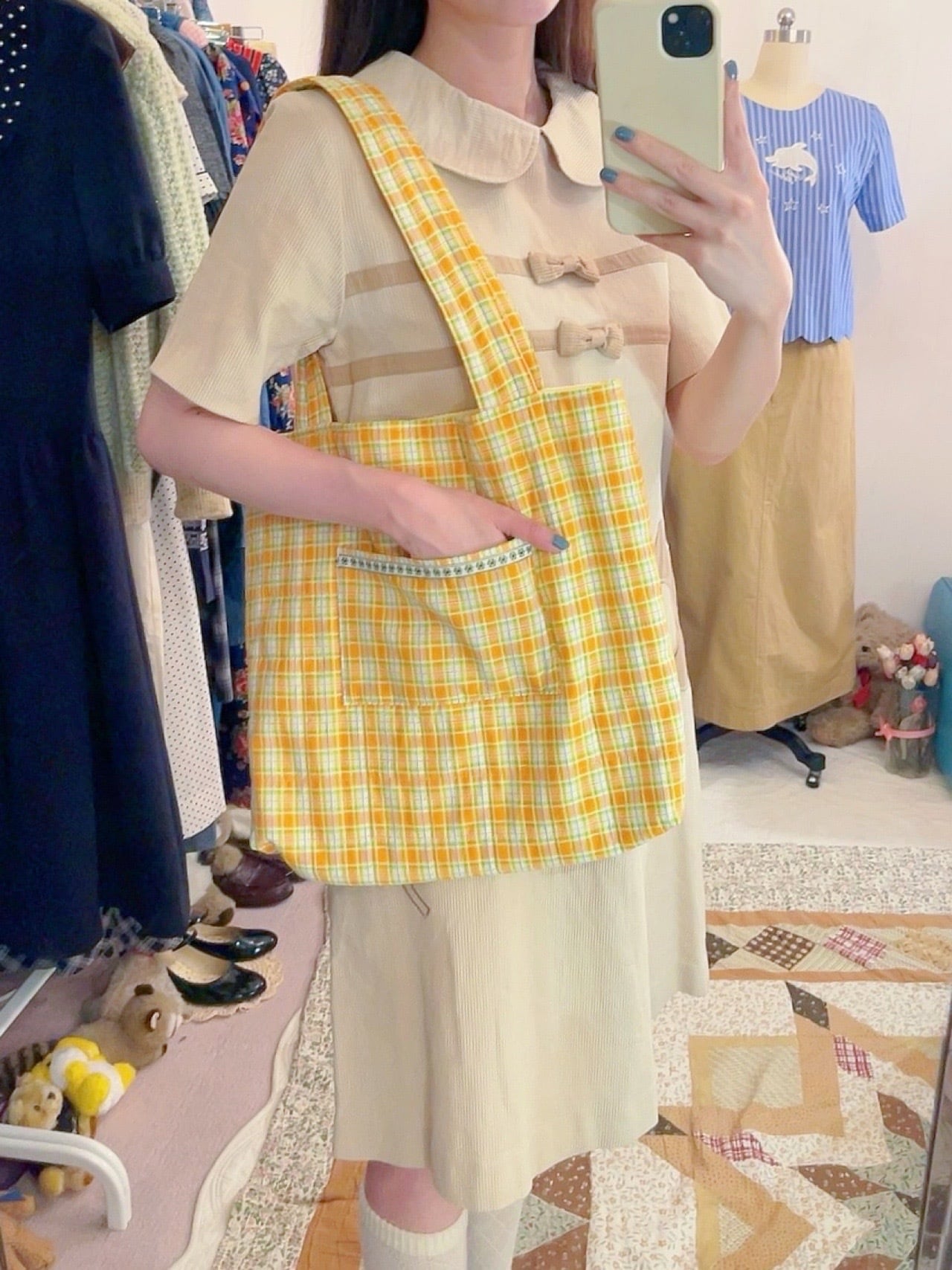 original / yellow check quilting tote bag