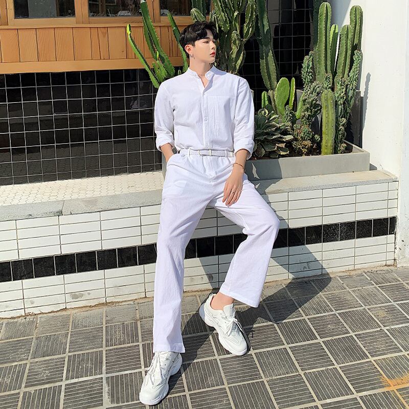 病みカッコイイ メンズファッション ストリートファッション ヒップホップ 個性的 裏原 サマーカラーシャツ スタンダードワンピース薄手ジャンプスーツ オールインワン ロング コットン レトロ 夏物 おしゃれ メンズ 病みカッコイイ