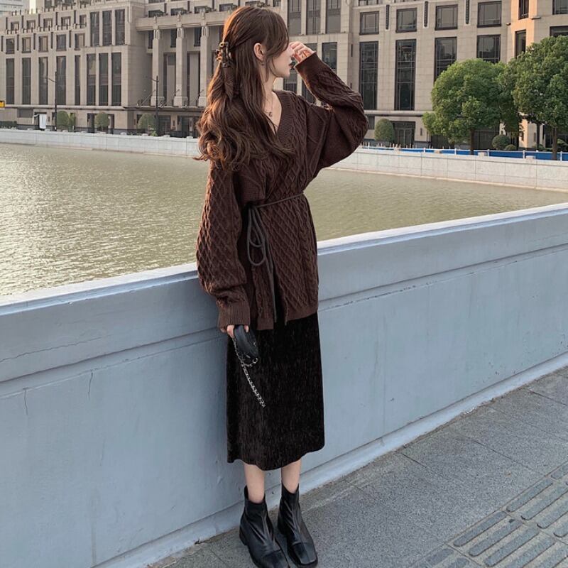 レディーススタンダードヘムツイストセーター スタイルベルベットスカート オータムウィンター レトロ 秋物 冬物 YY-ファッション24924611864