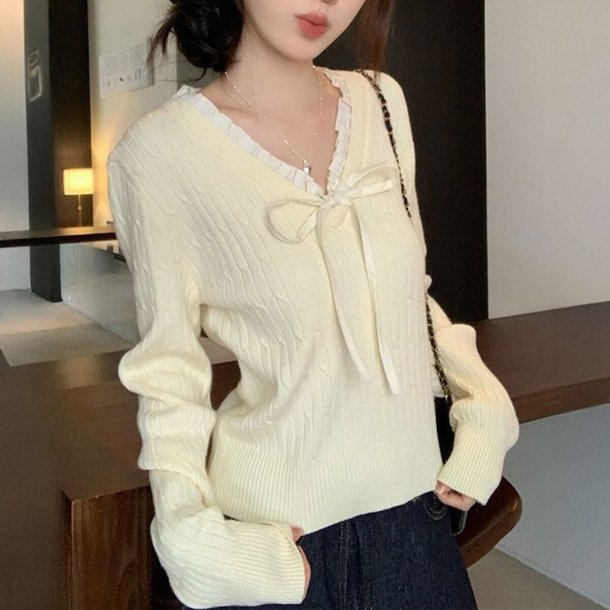 ニット 長袖 リボン フリル レディース 春秋 韓国 おしゃれ 大人 かわいい きれいめ カジュアル Vネック フェミニン ガーリー 大人可愛い 大人女子