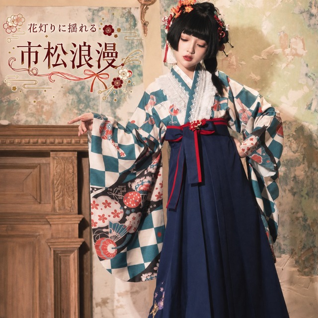 花灯りに揺れる市松模様 和柄フリル衿大正浪漫風和ロリ振袖