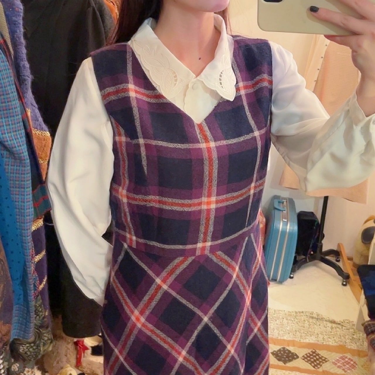 Laura Ashley / purple check flare one-piece