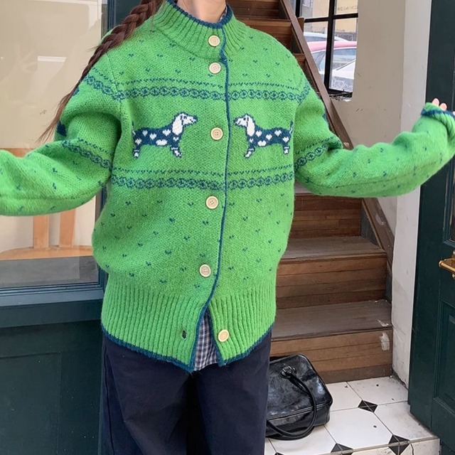 dachshund fair isle retro knit cardigan【3color】  e1774