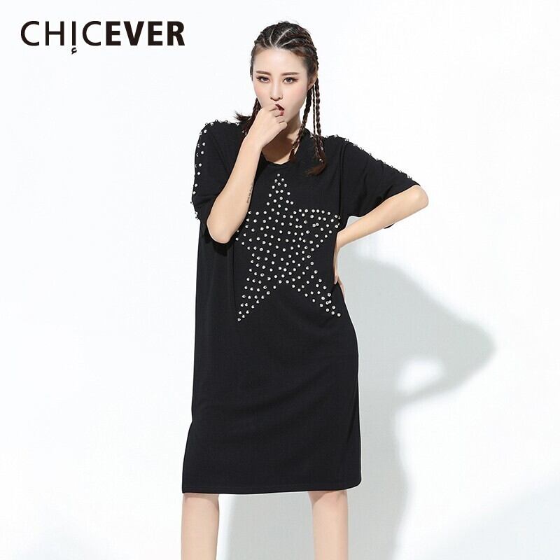 CHICEVERパッチワークリベットドレス女性Oネックバットウィングスリーブ特大スプリットサマーミディド​​レス2020 夏物 6base519297459518