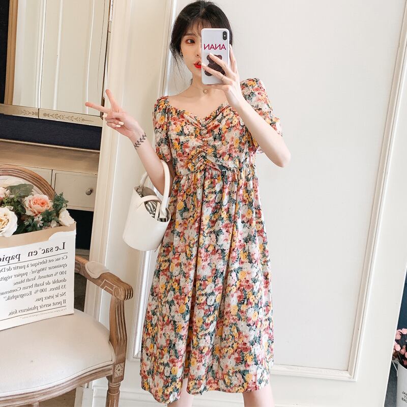 【新作】【送料無料】 マタニティウェア2020夏の新しいシフォンカラーVネックファッションマタニティドレス、年齢を減らすミドル丈のファッションマタニティドレス-アリババ サマー 夏物 expec21712299177