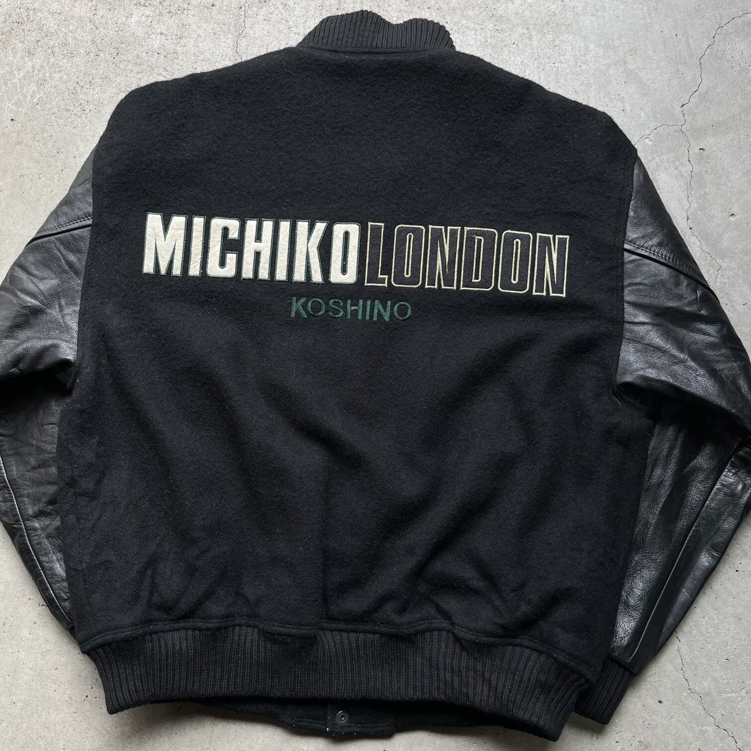 80年代 MICHIKO KOSHINO ロゴ刺? 袖レザー ウールスタジャン 