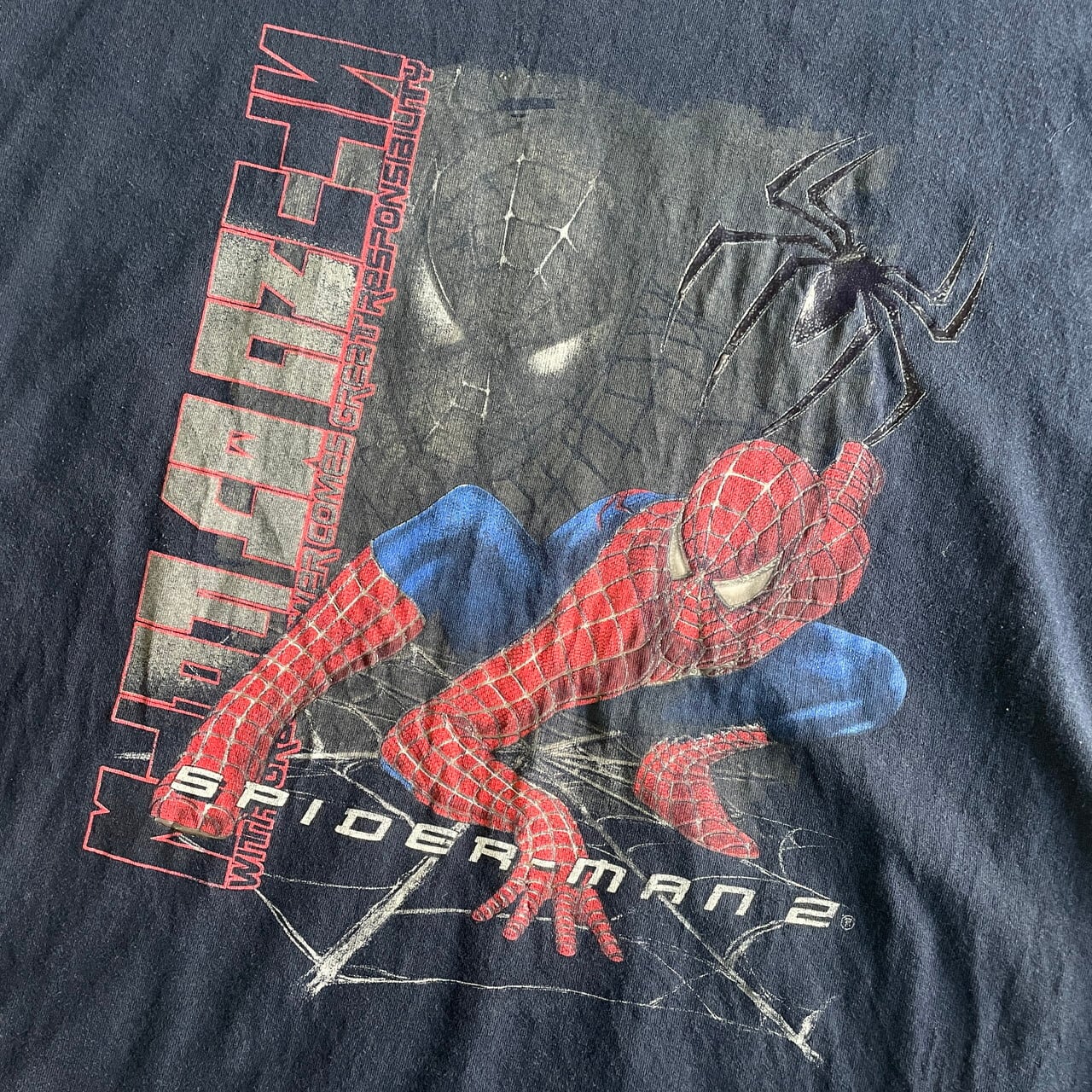 00年代 SPIDER-MAN2 スパイダーマン2 ムービー 両面プリントTシャツ メンズXL 古着 00s ビンテージ ヴィンテージ 2004 映画  サム・ライミ バックプリント コミック アメコミ ネイビー 紺色【Tシャツ】 | cave 古着屋【公式】古着通販サイト