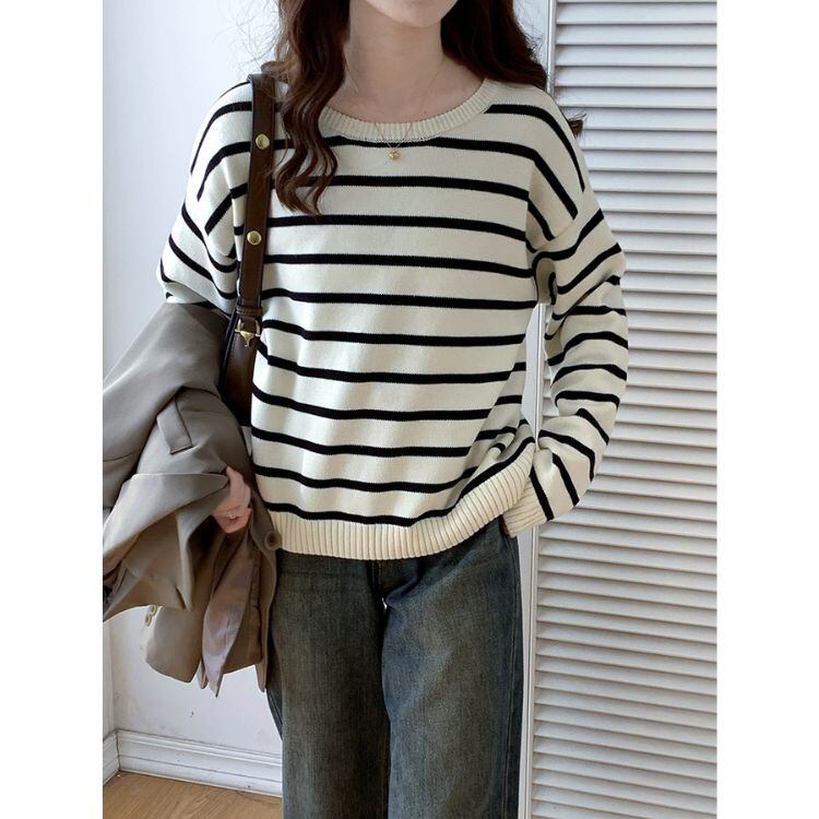 ボーダークルーネック ドロップショルダー 長袖ニット 1col N00056