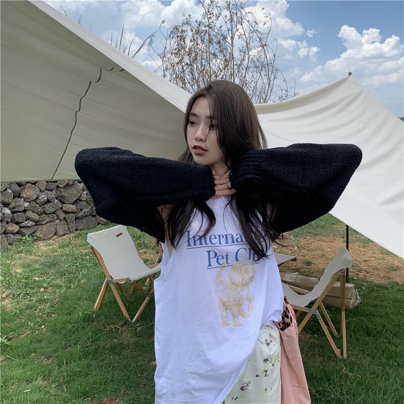 Tシャツ シャツ ノースリーブプリントルーズロングトップス スプリングホワイト 春物 ブラックストロベリース25484011771