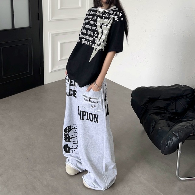 ロゴプリントローへムワイドラインスウェットパンツ 1col   R02545