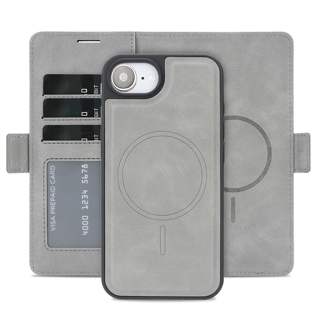 2in1 分離式 手帳型 iPhone 17e / 16e 用 ケース Magsafe対応 カメラ保護 カード収納 軽量 (グレー)