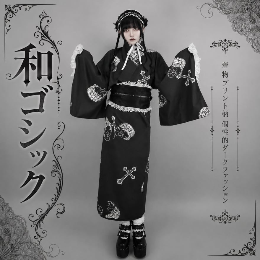 和ゴシック ワンピース 着物プリント柄 個性的ダークファッション|WithU