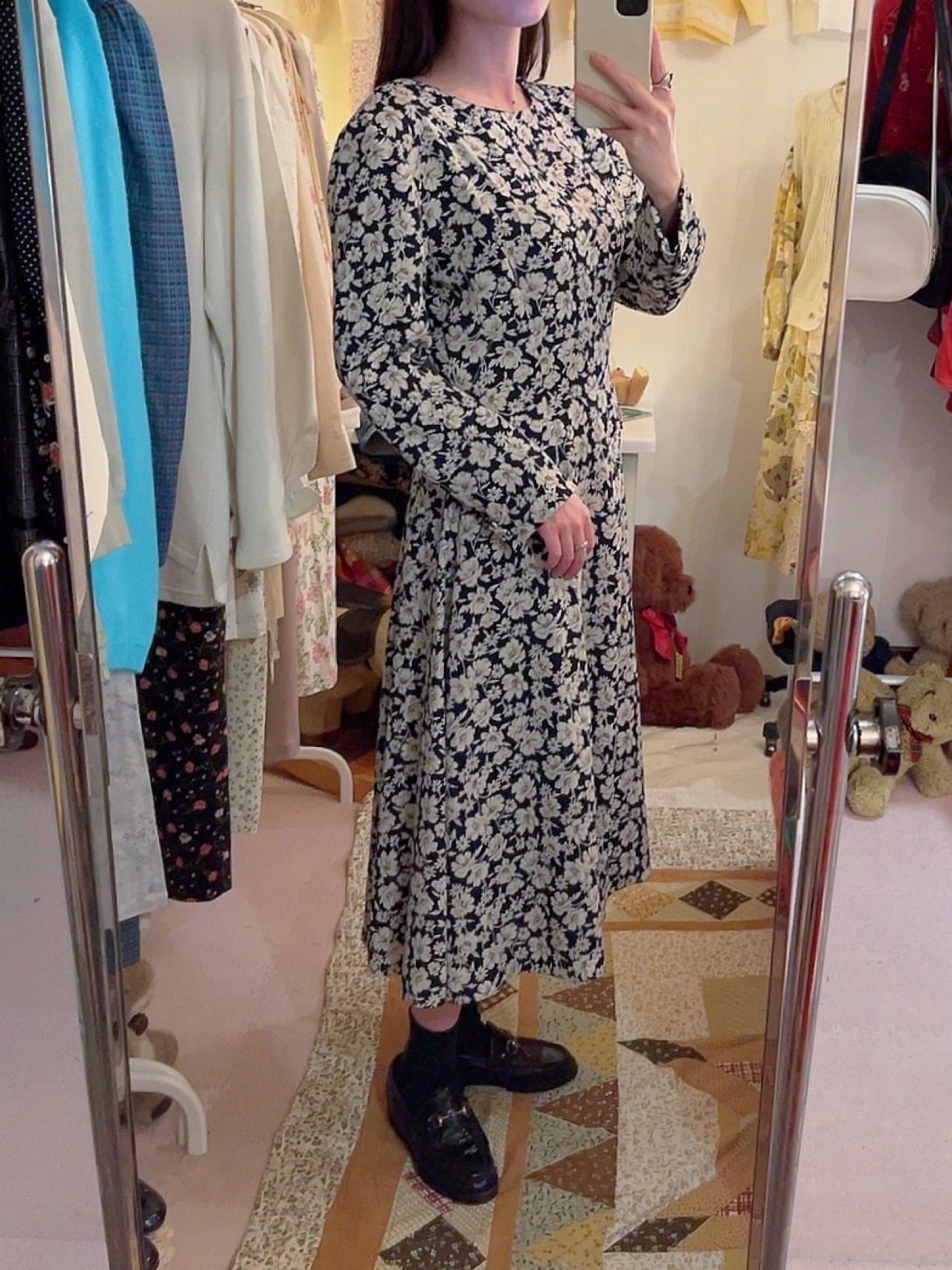 white flower navy flare one-piece