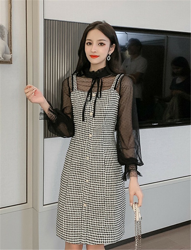 送料無料 シースルーワンピース ハイネックワンピース レトロ風ワンピース 長袖ワンピース 韓国ファッション Felixwoman