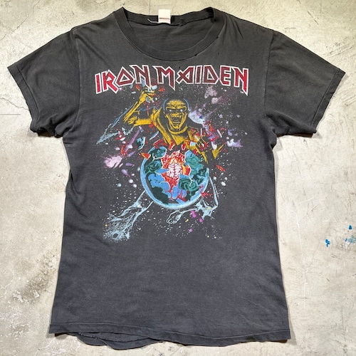 80's IRON MAIDEN アイアンメイデン WORLD PIECE TOUR'83 PART11 ツアーTee  ヘヴィーメタル ヨーロッパ  ブラック 墨黒 ダメージ Sサイズ相当 バンT 希少 ヴィンテージ BA-1986 RM2405H