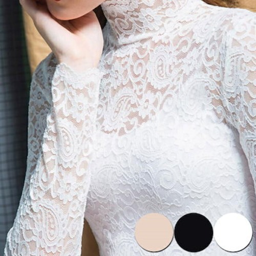 レース カットソー レディース 春 秋 トップス シアー シースルー インナーウェア 長袖 タイト ハイネック 透け感 セクシー 2タイプ 裏起毛 トップス レイヤード 重ね着 タートルネック tシャ