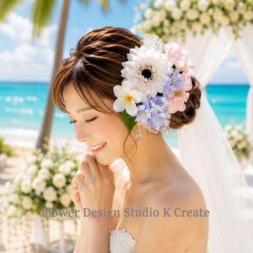ウェディングに♡白いダリアとプルメリアのヘッドドレス　結婚式　リゾ婚　ウェディング　南の島　プルメリア　髪飾り　ブーゲンビリア　白　水色