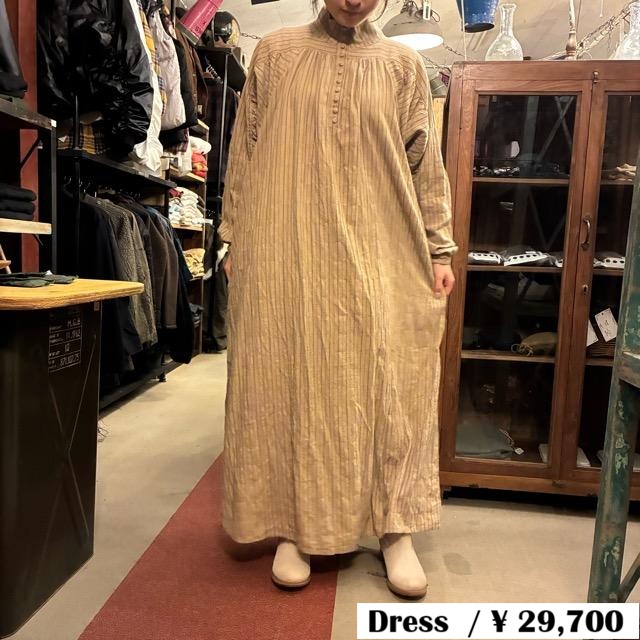 ICHI Antiquites Shirred Stripe High Neck Dress, Beige, Fashion, Women's, Cotton, Classic Style