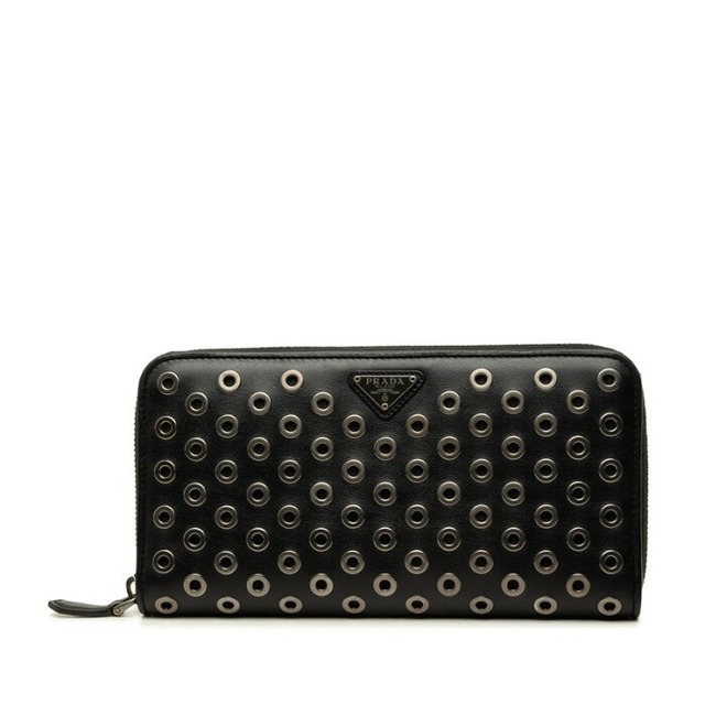 プラダ 三角ロゴプレート メタルパンチング ラウンドファスナー 長財布 ブラック レザー レディース PRADA 中古