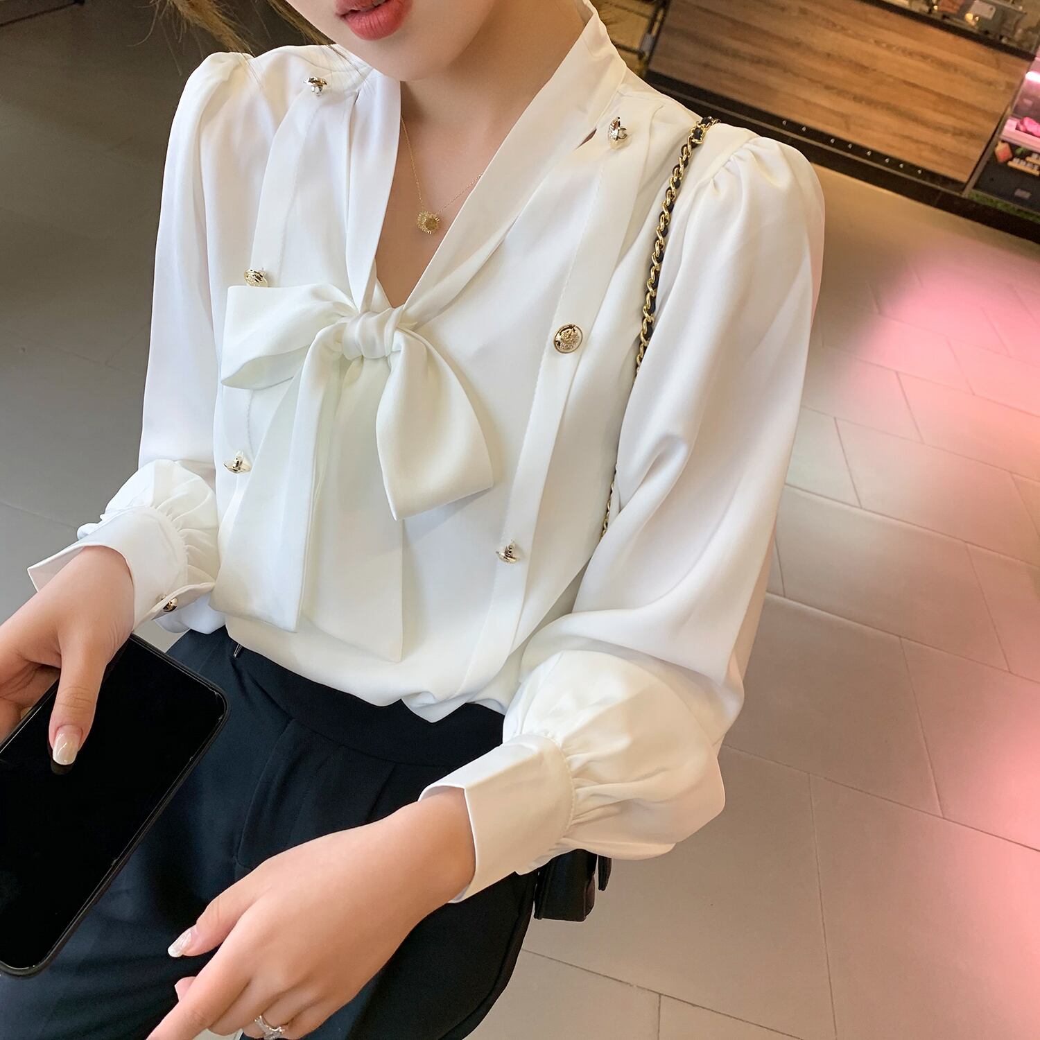 スプリングスタイルダブルブレストシフォンシャツ ホワイトトップス レース 春物 レースアップ 6Du_Shop_Women52809069965