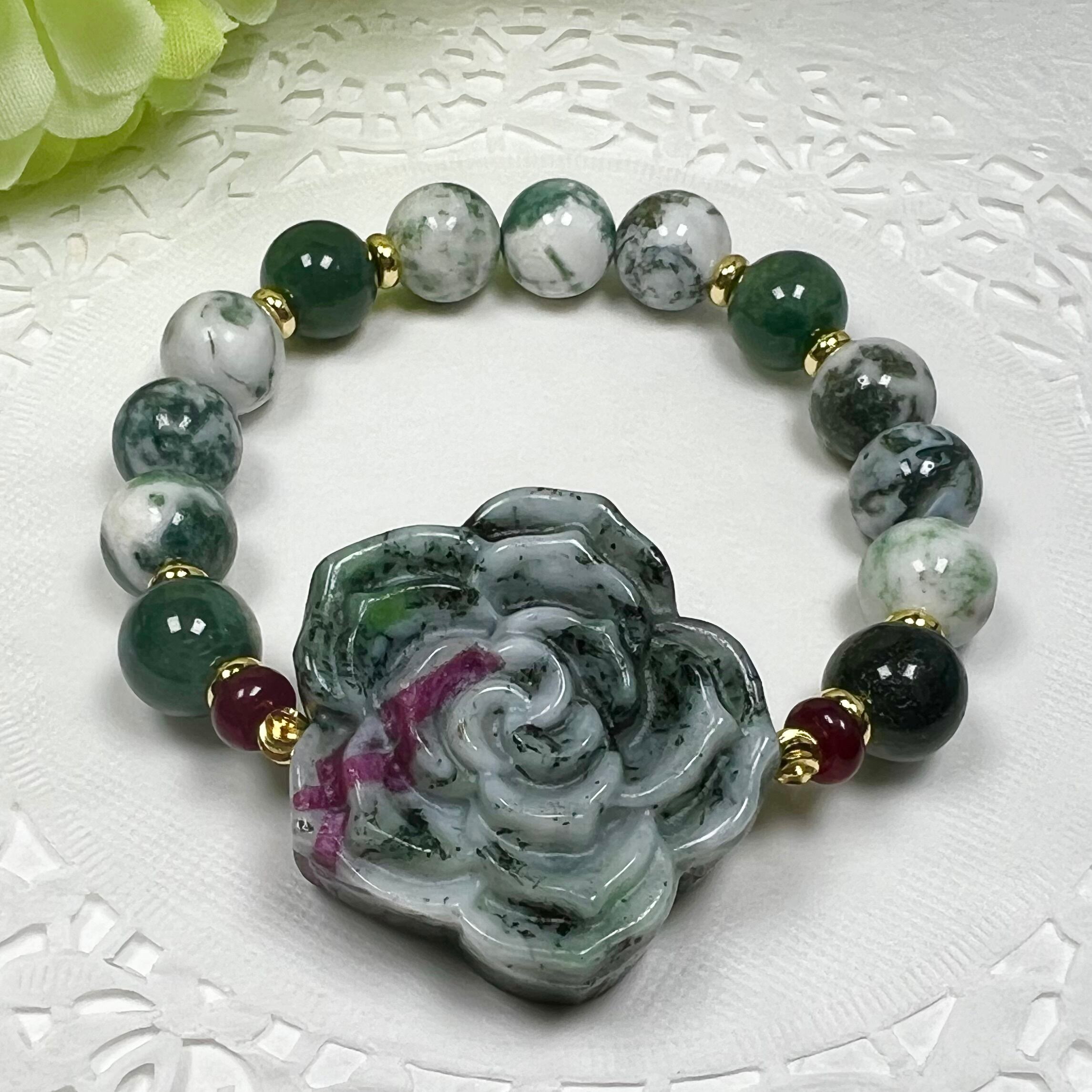 【モスアゲート バラ彫り ブレスレット】❤︎送料無料❤︎天然石 パワーストーン