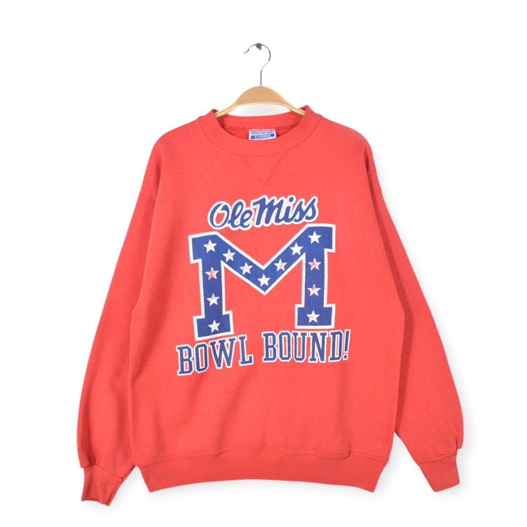 90s ヘインズ USA製 ヴィンテージスウェット 前V 肉厚 MISS OLE BOWL BOUND 赤 レッド HANES メンズL 古着 @CF0839