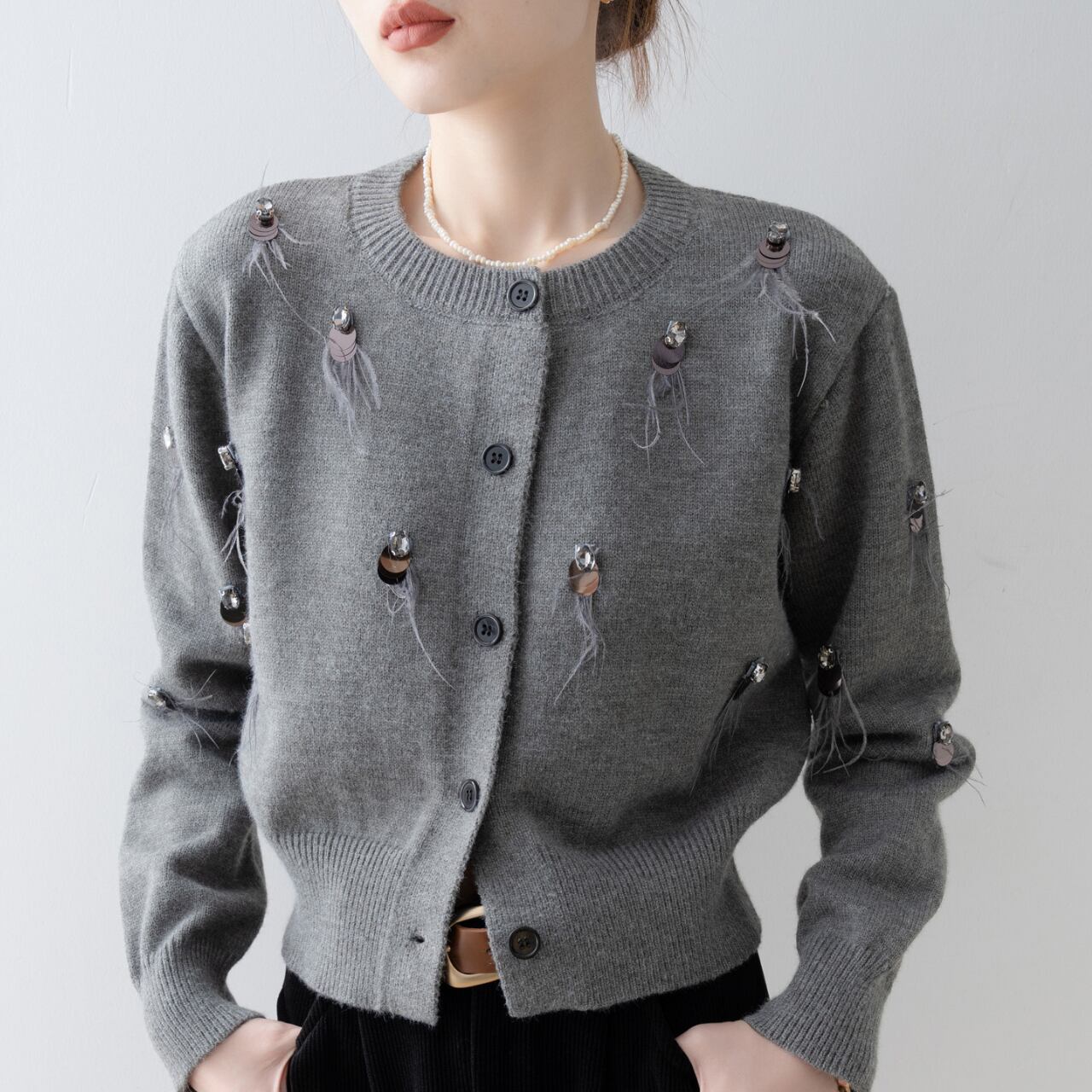 スパンコール ラウンドネック ニットカーデガン