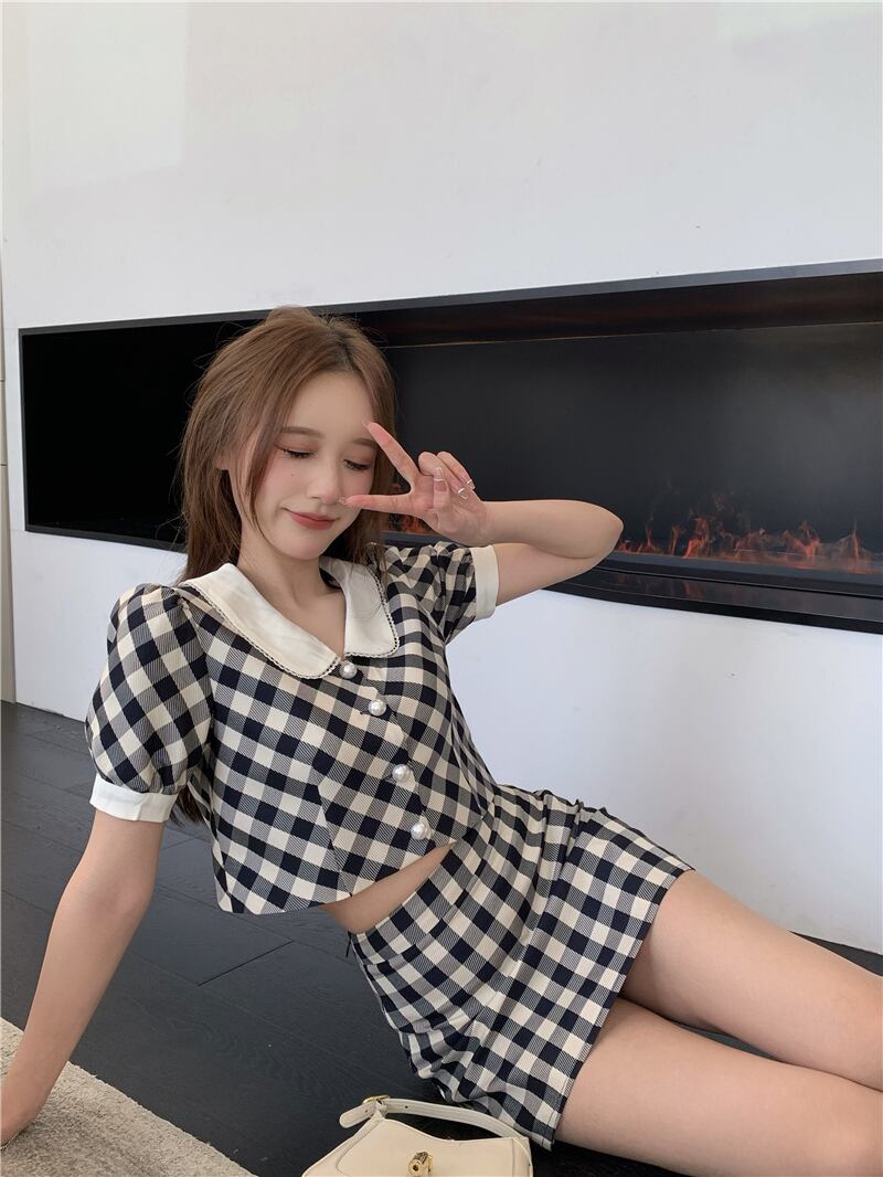 スタンダードカラーショートコート サマー薄手格子柄カーディガン半袖スリーブトップス レトロ ハーフスリーブ 夏物 ブラックストロベリース81037458673