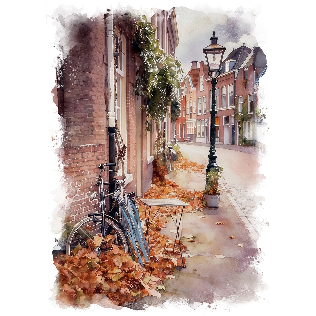 絵画 オランダ 風景画(街並み) 落葉が積もる秋のライデン インテリア
