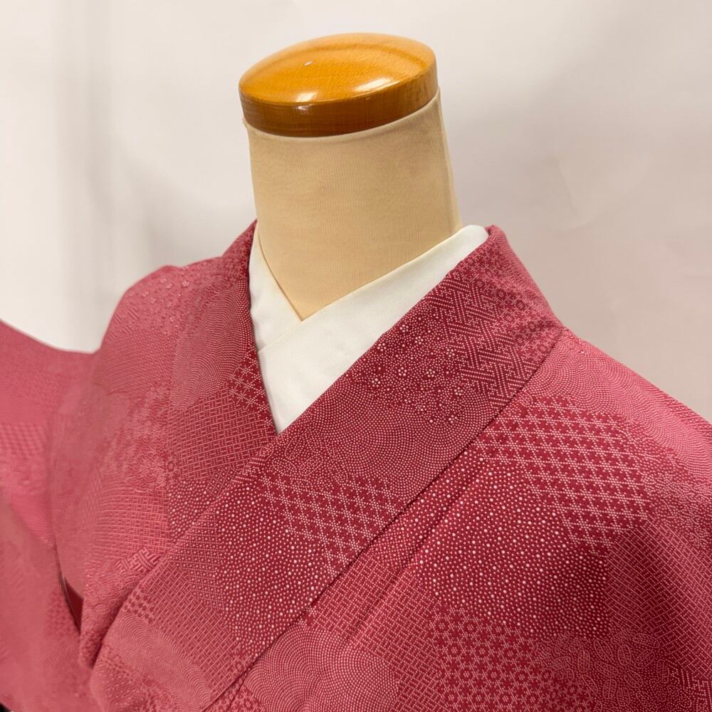 小紋 洗える着物 幅広 大きい 裄69.7cm 身丈165.5cm 花柄 袷 普段着 ポリエステル 中古 ピンク L サイズ 6610