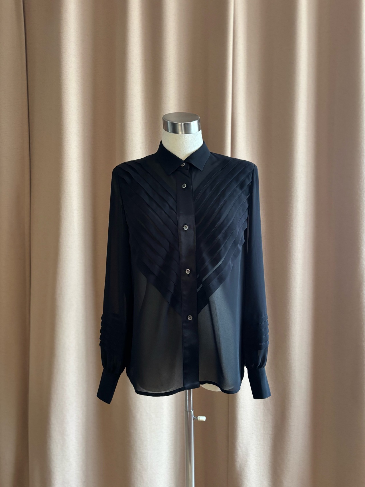 tuck pleats design black sheer shirt-4883-9