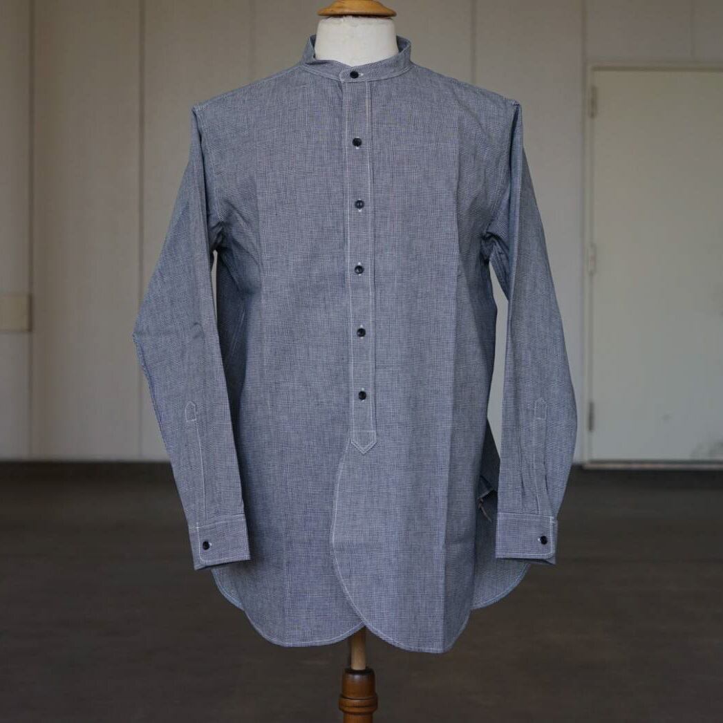 BONCOURA Band Collar Shirt Hound Tooth indigo | STRAYSHEEP ONLINE