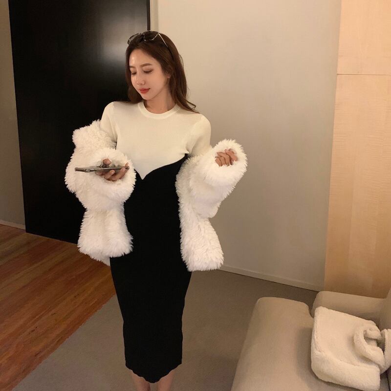 ニットドレス スプリングスタイル長袖スリーブスカート スリムミディ ロング 春物 ブラックストロベリース61146625770