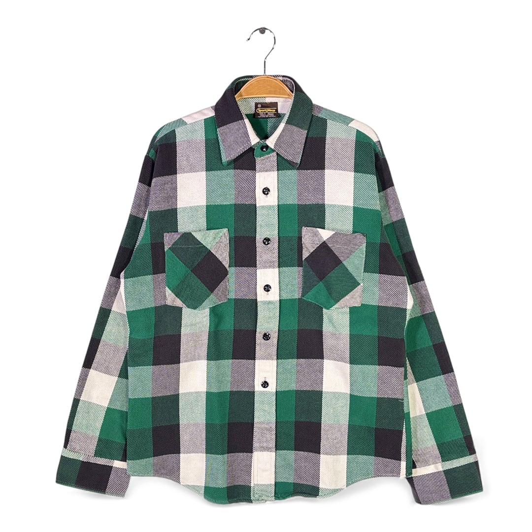 80s シアーズ ヴィンテージ ネルシャツ ブロックチェック 緑黒白 ヘビーフランネル SEARS SPORTSWEAR サイズM 古着 CA1508