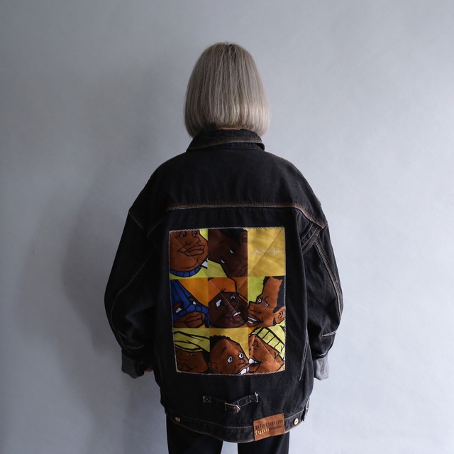 back patchwork and colorful stitch design big black denim jacket
