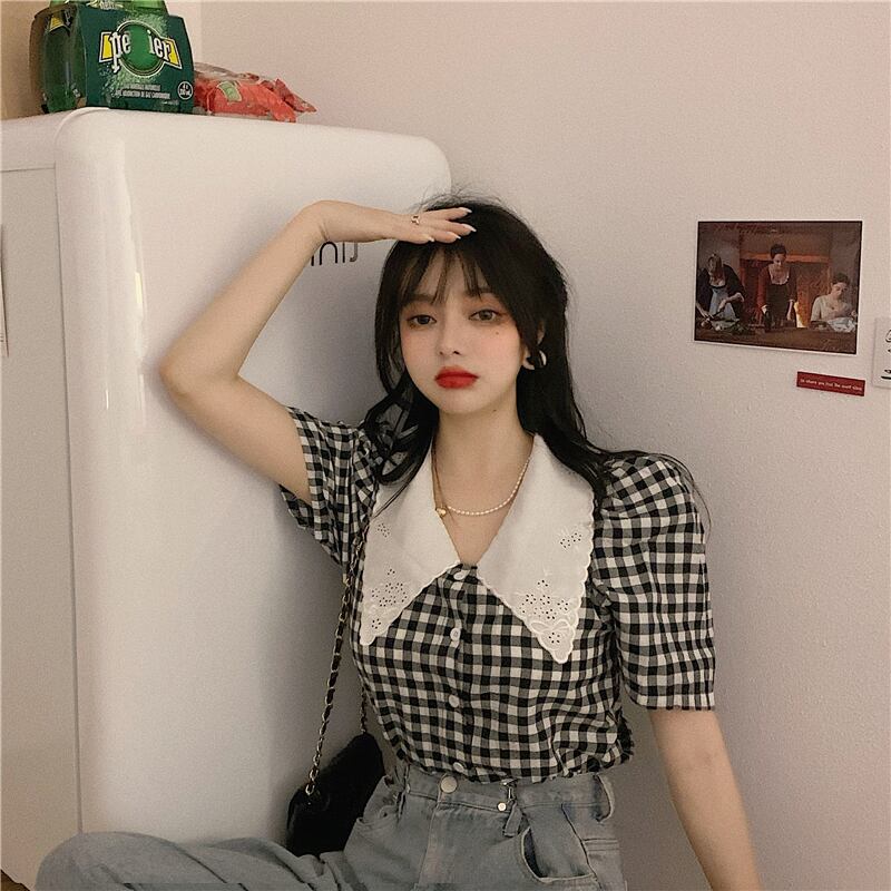格子柄シャツ スリーブカラーサマー薄手トップス 夏物 ブラックストロベリース55015004037
