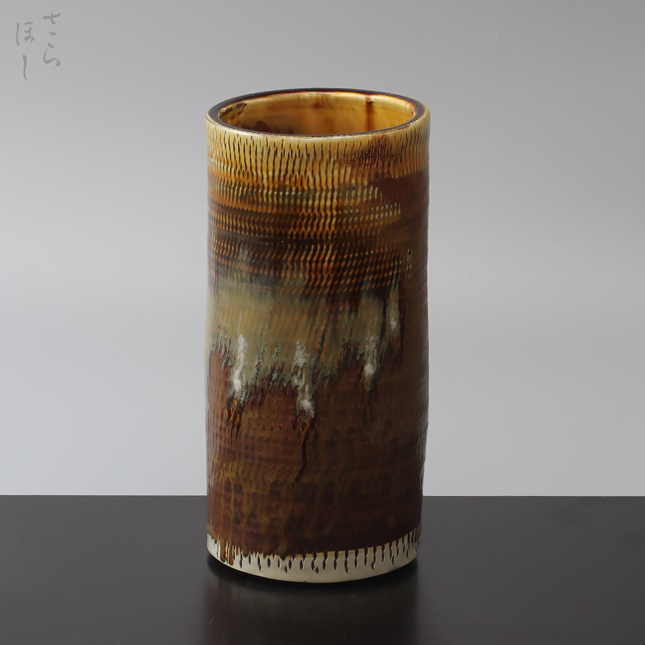 小鹿田焼 小袋窯 1升丸花瓶 飛びかんな/櫛描き 白 高さ約18cm 花器