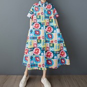 フラワーパッチワークプリント シャツワンピース  30089