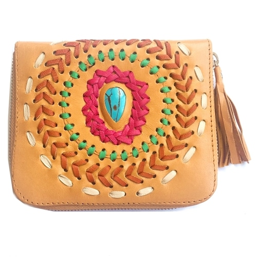 ボヘミアン レザー タッセル付 ウォレット(キャメル×サークルMIX刺繍ターコイズ) 本革 財布 二つ折り財布 【バリ島直輸入】