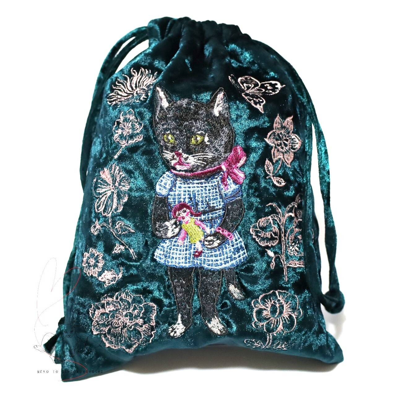 Nathalie Lete Velour Drawstring pouch Black cat ベロア巾着 ポーチ グリーン