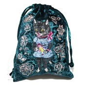 Nathalie Lete Velour Drawstring pouch Black cat ベロア巾着 ポーチ グリーン