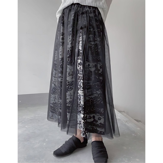 Art pattern layer tulle slit skirt C0283